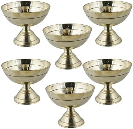 Set of 6 Handmade Indian Puja Brass Oil Lamp - Diya Wick Lamp Liquid Candle Dia 6.4 CM