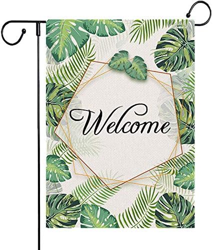 Flags - Welcome Garden Flag Summer Green Leaves Vertical Double Sided Burlap Small Flag 12.5 x 18 Inch Outdoor Yard Seasonal Plants Decor for Outside Spring Fall Wedding All Year