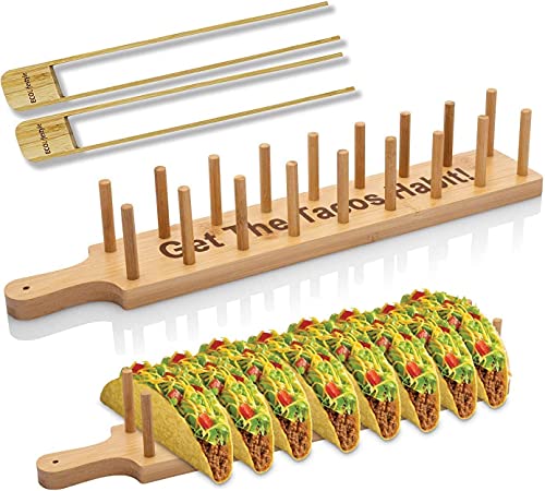 Bamboo Taco Holder Stand Plate Tray with 2 Tongs