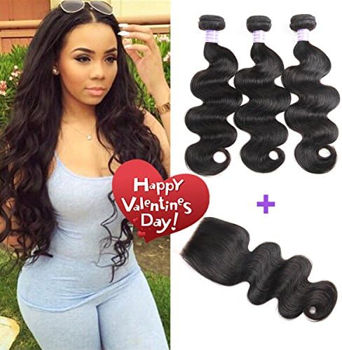 Brazilian Hair Body Wave 3 Bundles 14 16 18+12" Free Part Closure, Garde 7A AMZTMY Human Hair, 100% Unprocessed Virgin Hair Extensions, Remy Hair Weft Weave With 4×4 Lace Closure, Natural Color
