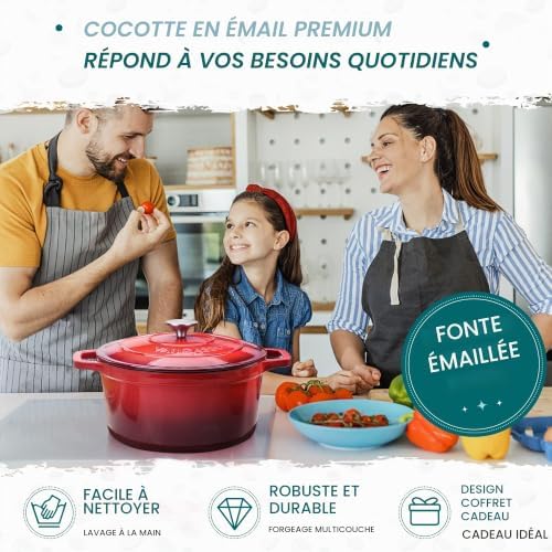 Cocotte Ronde en Fonte Émaillée 5L, 26cm, x13cm, 5.95kg, Marmite avec Couvercle Pour Tous Feux dont Induction Rouge