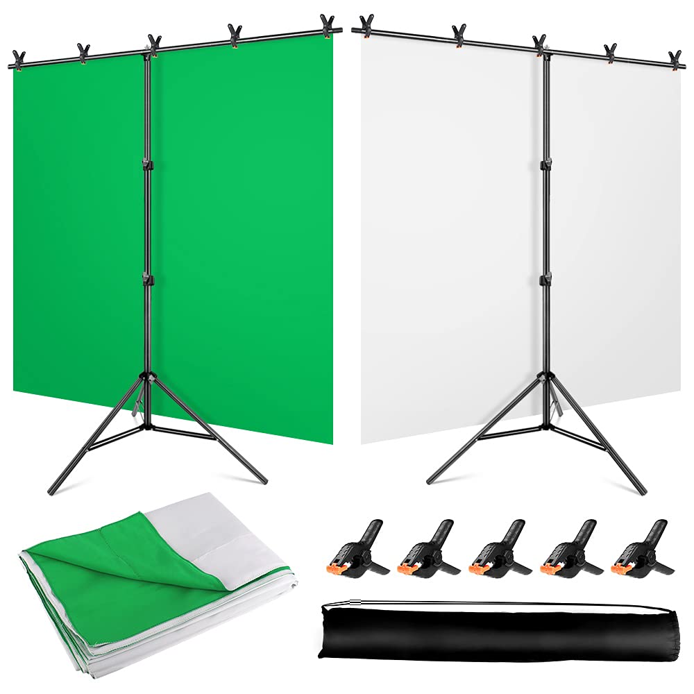Photo 1 of 2-in-1 White Green Screen Backdrop Stand Kit, 5x6.5 ft Greenscreen Background with Stand for Streaming, Zoom, Photography with Clips & Carrying Bag