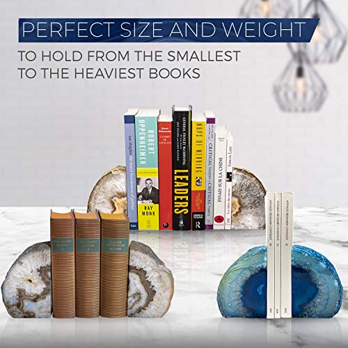 Geode Bookends 1 Pair 6-9 lbs (Dyed Blue)| Stone Bookends for Light and Heavy Books | Unique Brazilian Crystal Book Ends in Agate Stone to Hold Books, geode Decor and Paperweight | 3 Colors Available