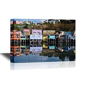 Watercolor Style Canvas Wall Art - Palafitos Houses Located on The Shores of The Gamboa River - Gallery Wrap Modern Home Art | Ready to Hang - 12x18 inches