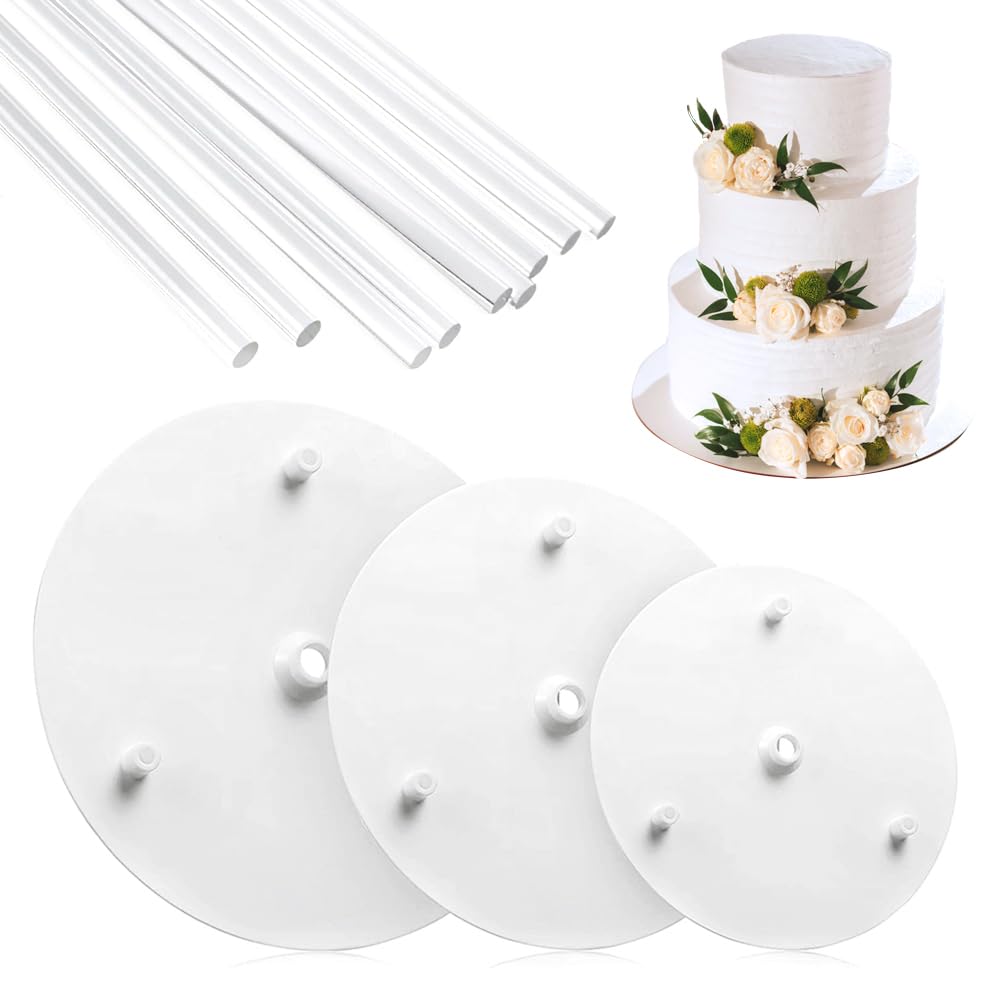 Cake Pegs for Tiered Cake with 3 Cake Separation Plates, Reusable Plastic Cake Stand Rod for Tiered Cake Construction