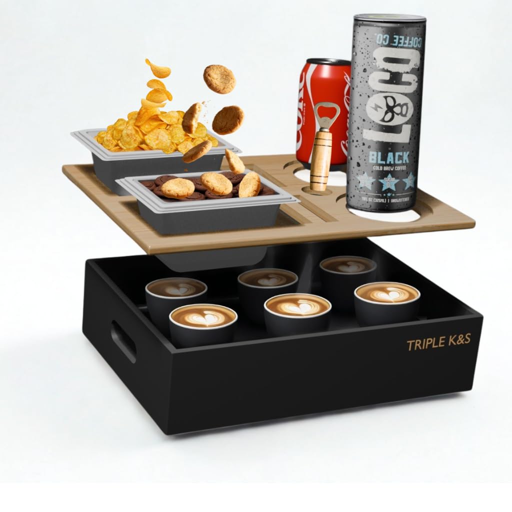 TRIPLE K&S Wooden Couch Bar Organiser with Stainless Steel Snack Box - Snack Bar Couch Butler Tray with Coasters and Bottle Holder - Sofa Bar for Drinks and Snacks Snagger • Drink Holder Couch