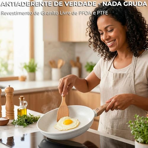 Conjunto de Panelas de Cerâmica Antiaderente Revestido de Granito, 5 Peças, Cozinha Saudável, Livre de PFOA (Branco)