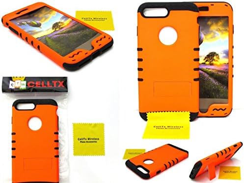 iPhone 8 Plus 7 Plus Case Impact Hybrid Heavy Duty Shockproof Case Dual Layer Soft Silicone Hard Cover Kickstand (Neon Fluorescent Orange on Black Skin)