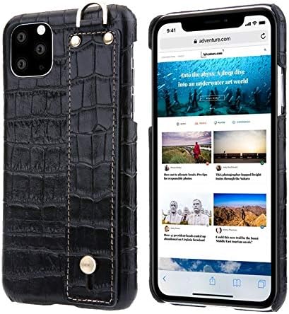 GGEBKEA- for iPhone 11 Pro Max 6.5 Case Cover, Crocodile Texture Real Cowhide Genuine Leather Case with Hand Strap Holder, Smartphone Back Cover for iPhone 11 Pro Max 6.5 inch 2019 (Color : Black)
