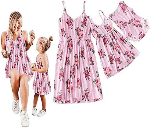 Mommy and Me Dresses Floral Print Spaghetti Straps Maxi Dress Family Matching Sleeveless High Waist Long Dress Sundress