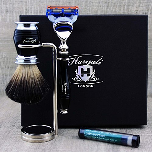 The Set Comes with Pure White Badger Hair Brush Shaving Brush, 5 Edge Cartridge Razor & Dual Stainless Steel Stand for Both.