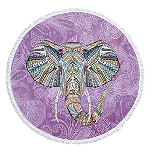 B Baosity Oversize Beach Towel Portable Yoga Mat with Elephant Print Round Light-weight Blankets for Table Couch Cover