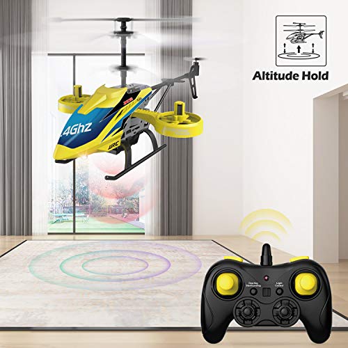 JJRC Helicopter with Remote Control, JX02 Helicopter 4 Channel with Side Propellers for Fly Sideway Altitude Hold with 3 Batteries in 18 Minutes Crash Resistance RC Toy Helicopter Gift (Yellow)
