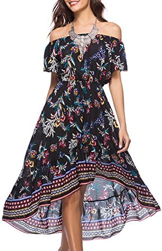 Purjoy Women's Floral Boho Off Shoulder Maxi Chiffon Flowy Party Dress Elastic Waist(pj201-2-xl)