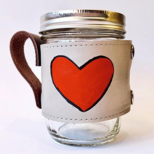 Kurier hand painted red heart mug removable Leather band / glass mason ball canning jar travel coffee cup with handle handmade in USA 16 oz. glass jar included. Great Mother's Day gift for Mom!