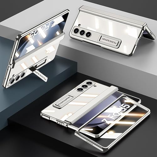 TERRIFI Case for Galaxy Z Fold 5, Magnetic Hinge Coverage Protection, Ultra Thin Transparent Plating Crystal, Built-in 3-Gears Adjustment Kickstand, Front Glass All-Inclusive Case (Clear-Cream White)