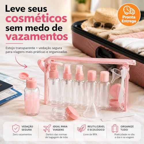 Frascos para Viagem Kit 9 Peças com Estojo Transparente Ideal para Shampoo Condicionador Sabonte Líquido Cremes Hidratante com Funil para Encher Recipientes Cosméticos (Branco)