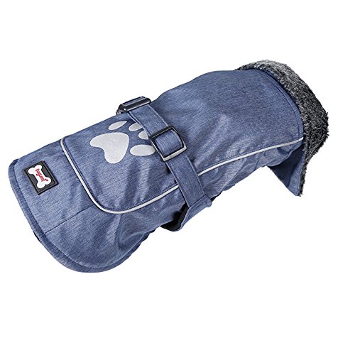 Waterproof Winter Coat Fleece Lined Warm Dog Sports Jacket with Harness Hole & Reflective Strips by DELIFUR (XXL, Blue)