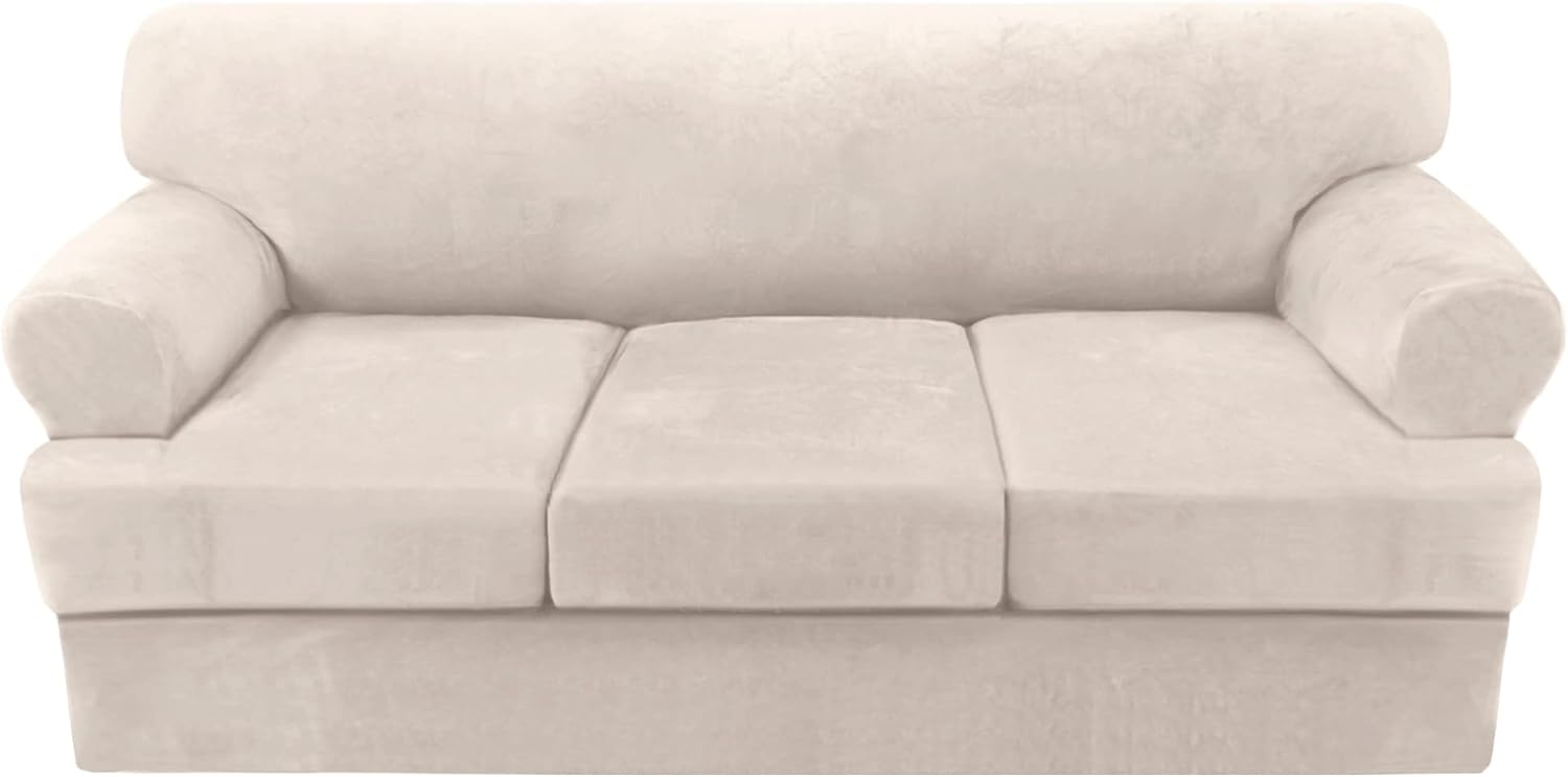 Slipcovers - Sofa Cover 4 Piece T Cushion Sofa Slipcovers Thick Velvet Couch Cover Furniture Protector Stretch T Cushion Sofa Covers for 3 Cushion Couch with 3 Individual T Cushion Covers Washable, Ivory
