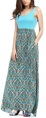 Ladies Tank Maxi Dress Scoop Neck Sleeveless Floral Print Vintage Bohemian Long Dress Blue M