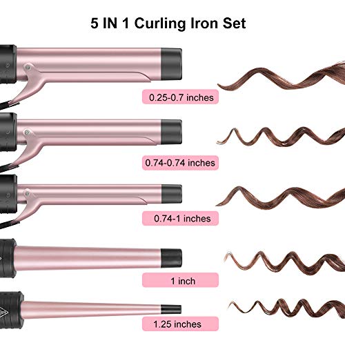 5 in 1 Curling Iron Wand Set with 5 Interchangeable Ceramic Barrels with Clamp and Anti-scalding Tip (0.35'' to 1.25'') and Heat Resistant Glove - Rose Gold, Hair Curler for Women Gifts By Duomishu