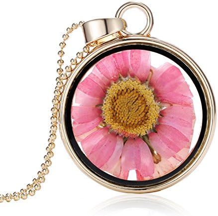 Pink Sunflower Necklace, Dried Flower Pendant,Ball Chain, Nature Jewelry