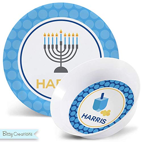 Hanukkah Melamine Bowl and Plate Set Personalized with Child's Name