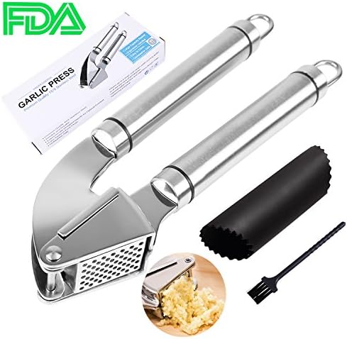 Garlic Press Stainless Steel Professional Garlic Press with Garlic Peeler Silicone Tube Roller and Cleaning Brush Bonus, Garlic Crusher/Mincer/Chopper - Large Capacity, Easy Squeeze