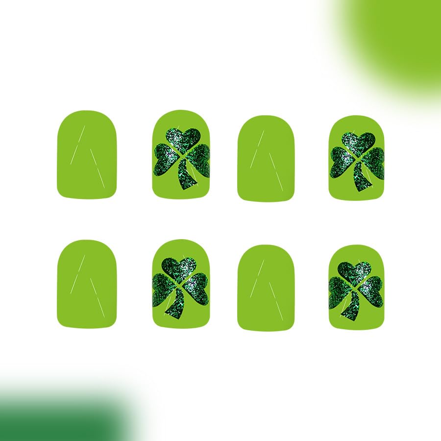 24Pcs St. Patrick's Day Press on Nails Short Square Fake Nails with 5D Green Glitter Four Leaf Clover Designs Spring Lucky Clover Glue on Nails Green Acrylic False Nails Holiday Gift for Women Girls - Image 5