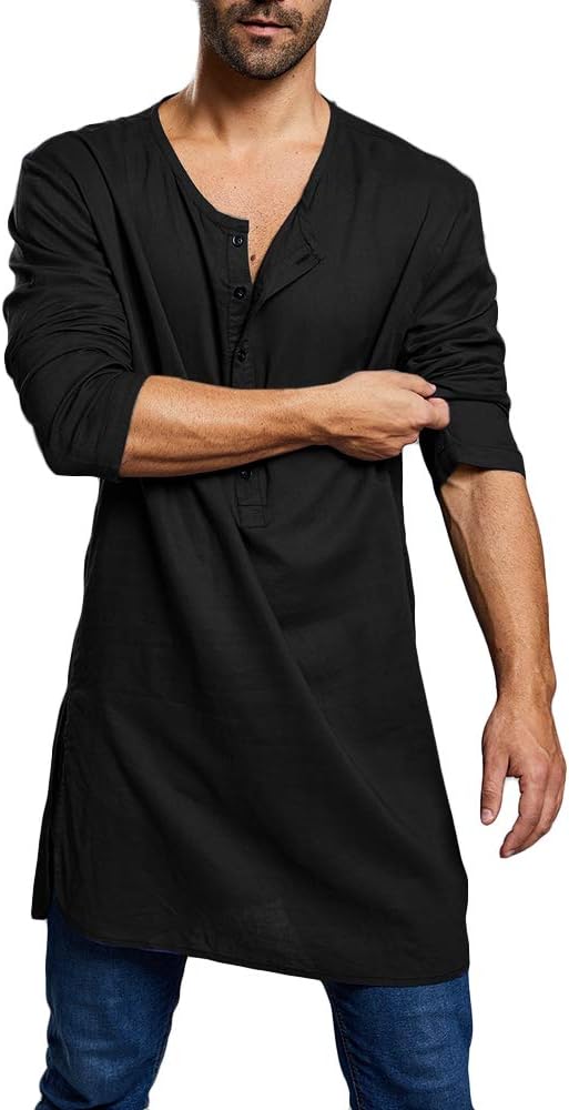 Mens Henley T Shirt Cotton Linen Nightshirt Long Sleeve Gown Islamic Muslim Robe Thobe Ethic Kaftan Summer Casual Shirts Tops