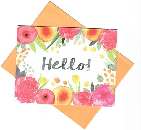 Spring Floral Blank Note Cards and Envelopes ~ Painted Flowers (Hello with Floral Border; 6 Cards; 4.25" x 5.5"; Candlelight Orange Envelopes)
