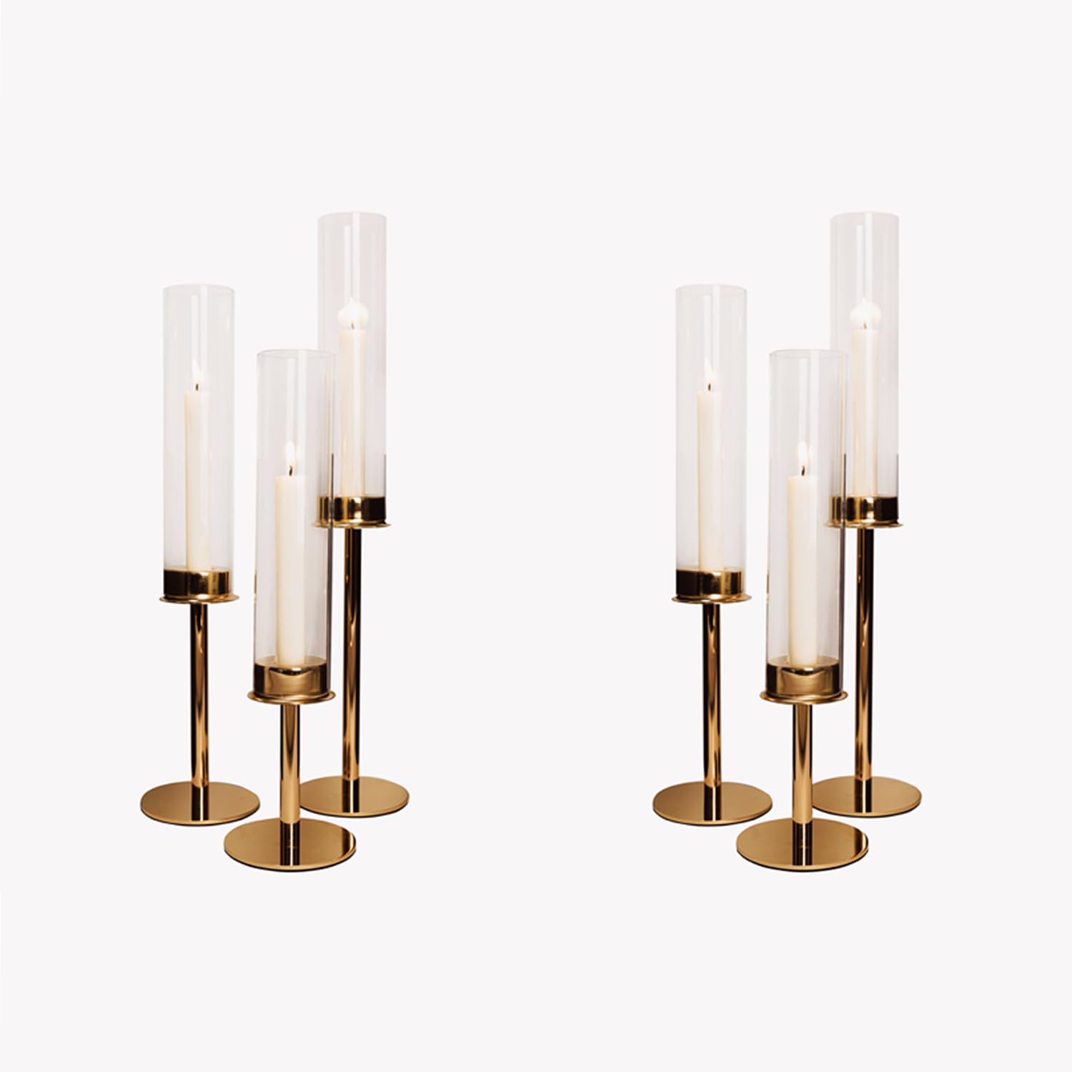 Photo 1 of Gold Candlestick Holders Taper Clear Glass Hurricane Candle Holder Bulk Vintage Candelabra Tall Hurricane Cover Christmas Wedding Table Centerpiece Home Decor Birthday Party (6pcs)