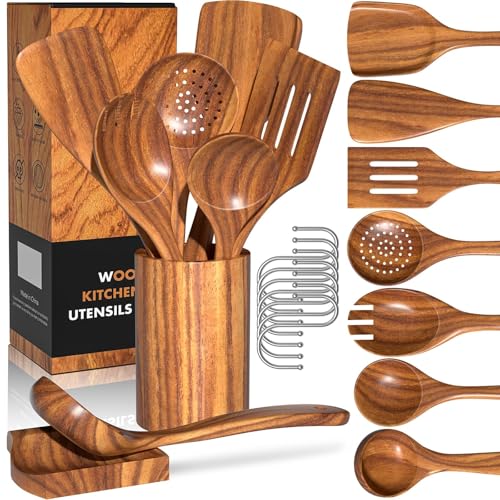 CENXI Wooden Cooking Spoons, Cooking Utensils 9 pcs, Natural Teak Wooden Cooking Spatulas, with Utensils Holder and 7Hooks, Comfort Grip Wooden Kitchen Utensils for Nonstick Cookware (9pcs&hook)