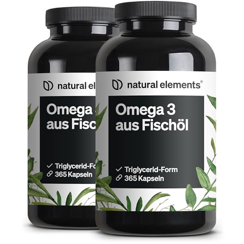 natural elements Omega 3 (2er Set) – 2x 365 Kapseln – 2000mg Fischöl pro Tagesdosis – mit EPA und DHA in Triglycerid-Form – Laborgeprüft und aufwendig