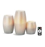 Large Flameless Candles with Remote, Silver, Warm White LEDs, Honeycomb Carved Design, Variety Set, Batteries Included - Set of 3