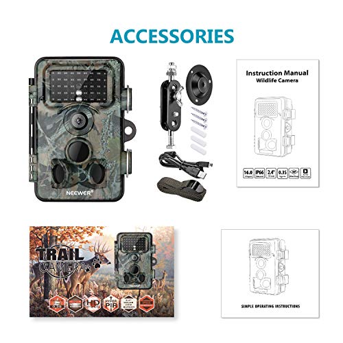 Neewer Trail Game Camera 16MP 1080P HD Digital Waterproof Hunting Scouting Cam 120 Degree Wide Angle Lens with 0.3s Trigger Speed Motion Activated Night Vision for Wildlife Monitoring