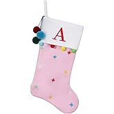 SIRIPHUM 19 Inch Personalized Monogram Initial Christmas Stocking, Embroidered Fleece Stockings with Stars & Pom Poms, Holiday Fireplace Decor for Xmas Party,Festive Gift- Letter A