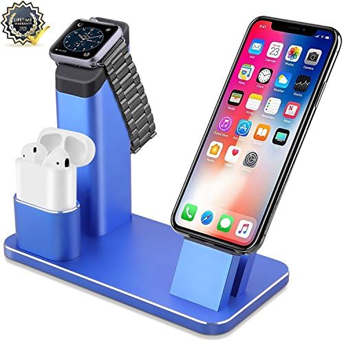 Eliubing Apple Watch Stand, Aluminium 4 in 1 Charging stand Dock Station for Apple watch(3/2/1)/AirPods/ipad&amp;iPhone X/8/8plus/7/7plus/SE/5s/5/SE/6/6plus/6s/6splus with Various Case-Supercar blue