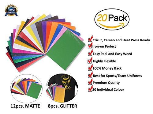 Starter Kit Bundle Easy Peel and Weed Printable Iron-on Heat Transfer Vinyl | HTV A4 Sheets 12 Matte Assorted Colors PLUS 8 Glitter Sheets For T-Shirts, Jerseys and Sports Uniforms (Pack of 20)