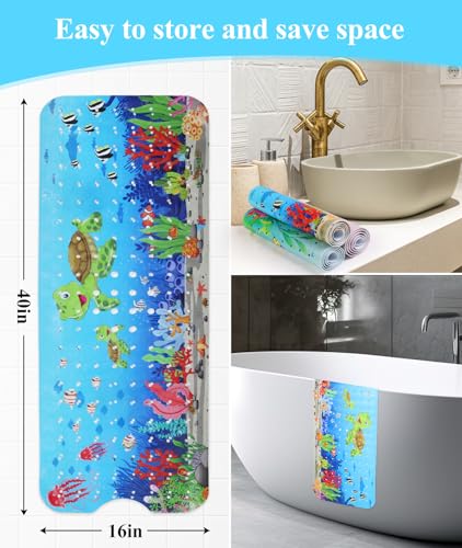 Secopad Children's Bath Mat for Bathtub, 100 x 40 cm, Cartoon Non-Slip Mat, Bathtub Baby, Bath Mat Non-Slip with Suction Cups, 100% BPA Free & Machine Washable, Turtles