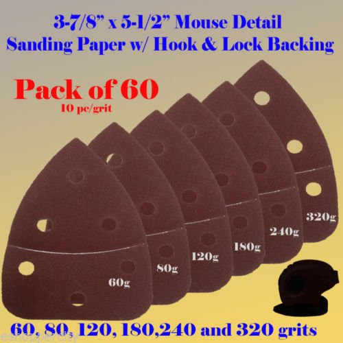 60X Mouse Detail Sander Sandpaper Sanding Paper Hook & Loop Assorted 60 80 120 180 240 320 grits 5.5" x 3.875" Grit For Black & Decker, Craftsman, Ryobi Cat Mouse, Skil,