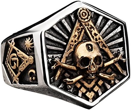 Masonic Ring for Men Hexagon Skull Stainless Steel Freemason Totem Jewelry Masons Band