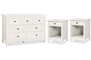 Vikiullf Dresser and Nightstand Set - 3 Pieces Bedroom Set with 7 Drawer Dresser and 1 Drawer Nightstands, Wood Double Dresser, White Wood Grain