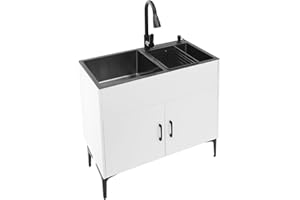 Liffshsy Laundry Sink with Cabinet, Utility Room Stainless Steel Sink with Pull-Out Faucet Dual Bowls, Freestanding Kitchen Bathroom Laundry Tub with Cabinet 31.89x16.93x30.71in(White)