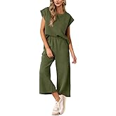 AGSEEM Two Piece Sets for Women Summer Short Sleeve Lounge Sets Cropped Wide Pants Outfits Loungewear Beach Vacation Clothes