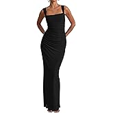 Azhong Women's Square Neck Backless Mesh Back Slit Strap Tube Maxi Dress Elegant Ruched Bodycon Wedding Guest Long Dresses