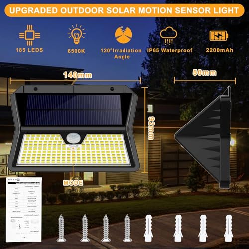 OUILA Solar Outdoor Light, 3 Modes Spotlight with Detector, 185 LED Solar Spotlight IP65 Waterproof Light for Garden, Garage, Patio, (2-Pack)