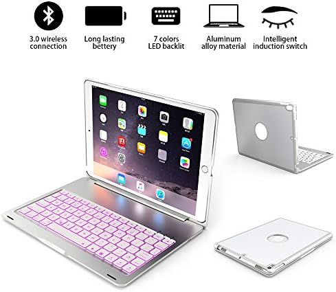 iPad pro 10.5 Bluetooth keyboard case, Wireless Bluetooth Keyboard Cover for iPad pro 10.5 inch(A1701/A1709), Fit Protective Hard Shell Case 7 Colors LED Backlit, thin / light / portable (Silver)