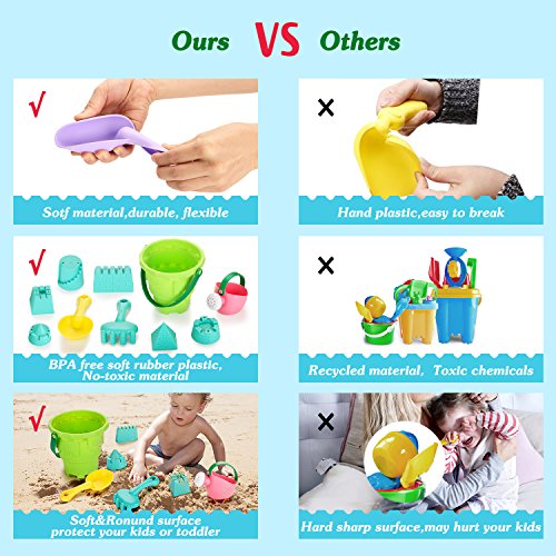 FITNATE Beach Toys Set Soft Plastic Pool Toy s/Bath Toys for Kids, Boys, Girls& Toddler, 10PCS with Mesh Bag , Bucket, Shovels, Rakes, Lots of Sand Molds (BPA Free) - Thumbnail 5