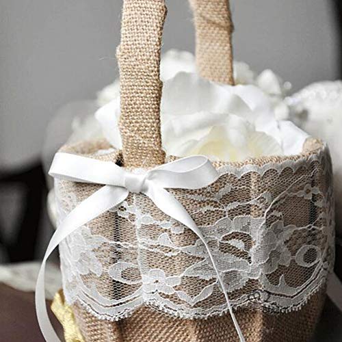 image for Ohomr Burlap Flower Basket Vintage Retro Lace Bow Flower Girl Basket f
